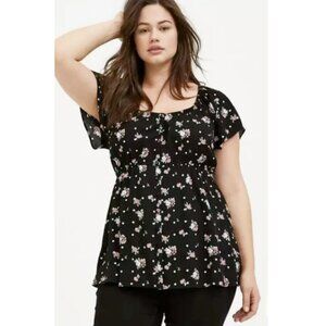 Torrid 2 Black Floral Polka Dot Babydoll Crepe Off-Shoulder Top 2X 18 20
